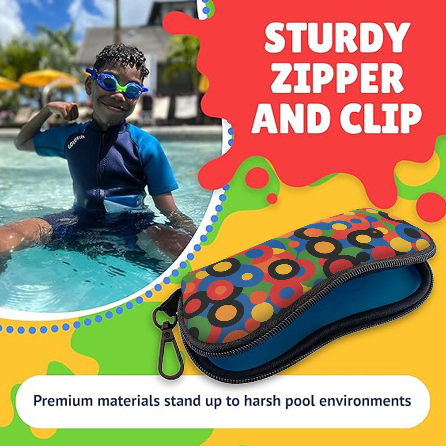 colorful polka dot carrying case for goggles all ages with zipper and clip material good for harsh pool chemicals