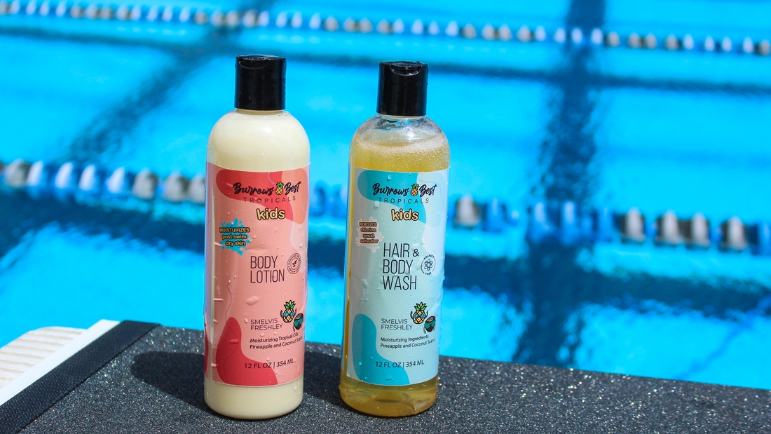 Frogglez Goggles/ Burrows Best Swim Body wash and lotion in front of pool. Swim necessities for chlorine