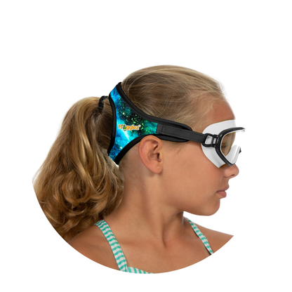 Blue and green galaxy design strap half mask kids swim goggles 