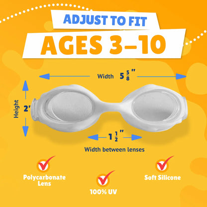 Pictured Lenses. Text reads: Adjust to fit ages 3-10. Polycarbonate lens, 100% UV, Soft Silicone. Measurements of goggles: width 5 5/8 inches. Height 2 inches. Width between lenses 1 1/2 inch lenses.