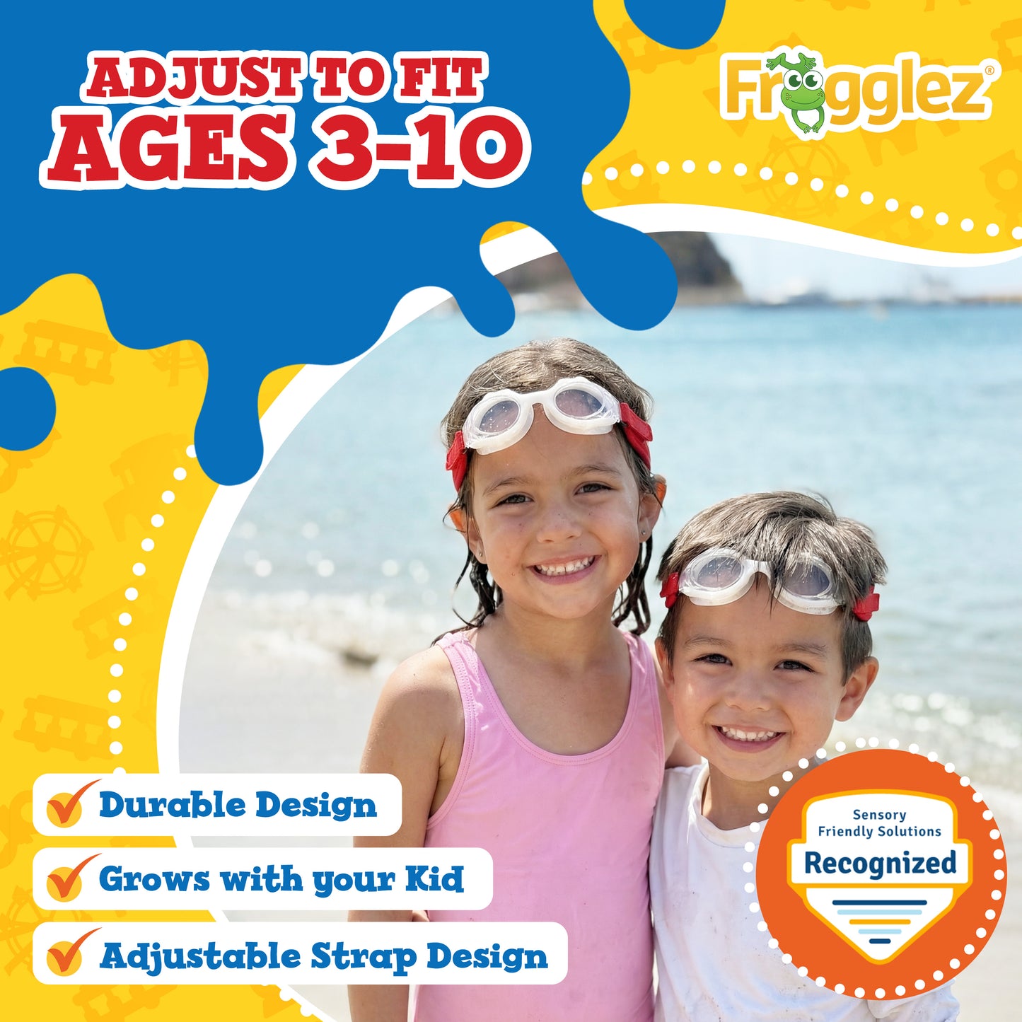 Two children at the beach with swim goggles, surrounded by promotional text and graphics for a product called Frogglez.