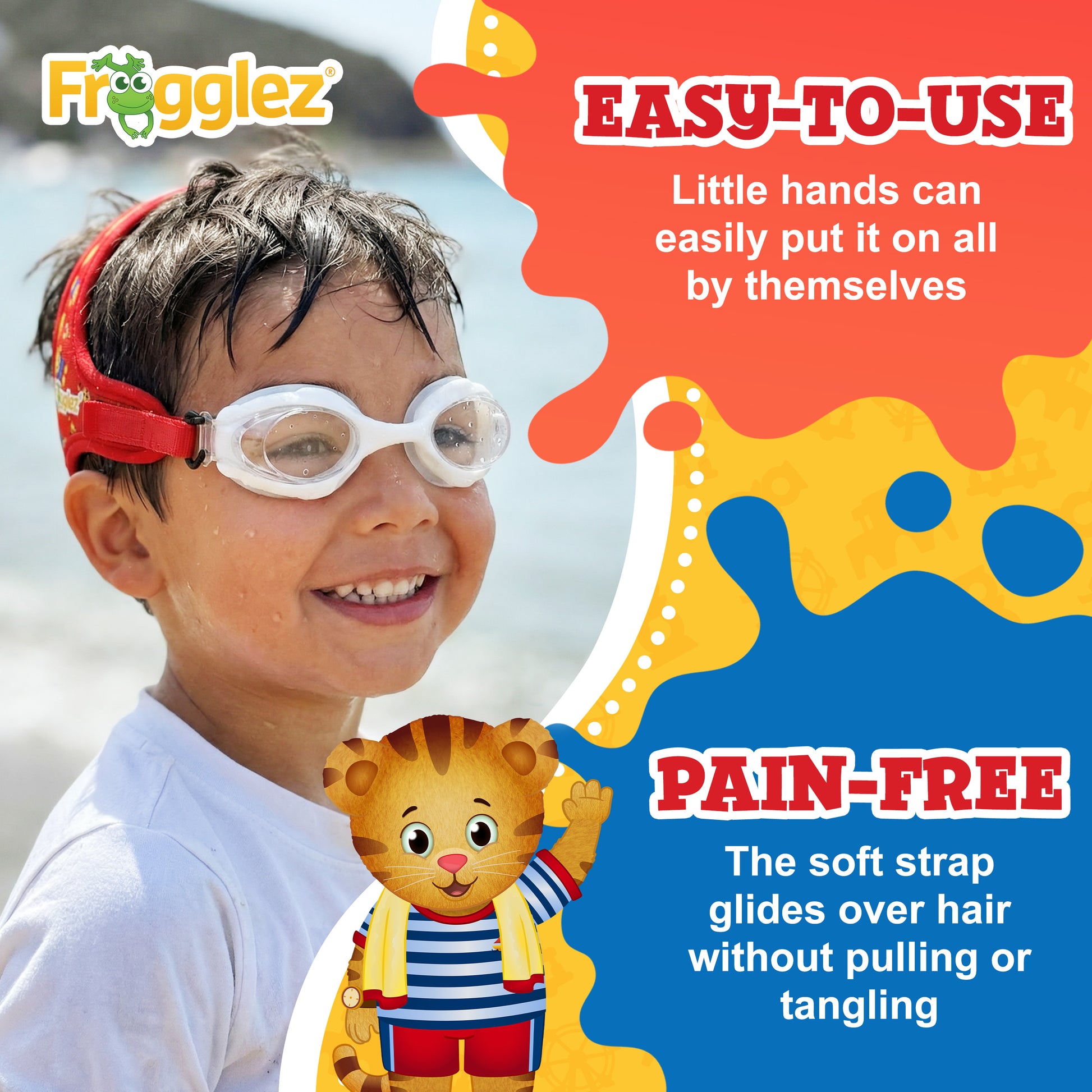 Child wearing swim goggles with promotional text about 'Frogglez' product on a beach background
