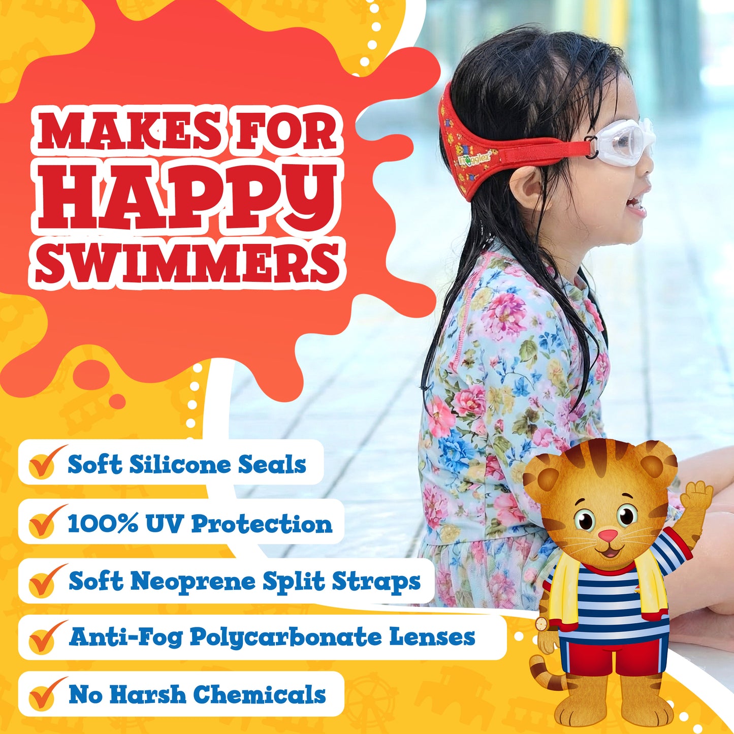 Child wearing swim goggles with promotional text and a cartoon tiger character on a colorful background