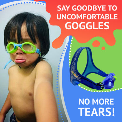 Picture of child with unfit goggles. Text reads say goodbye to uncomfortable goggles. No more tears.