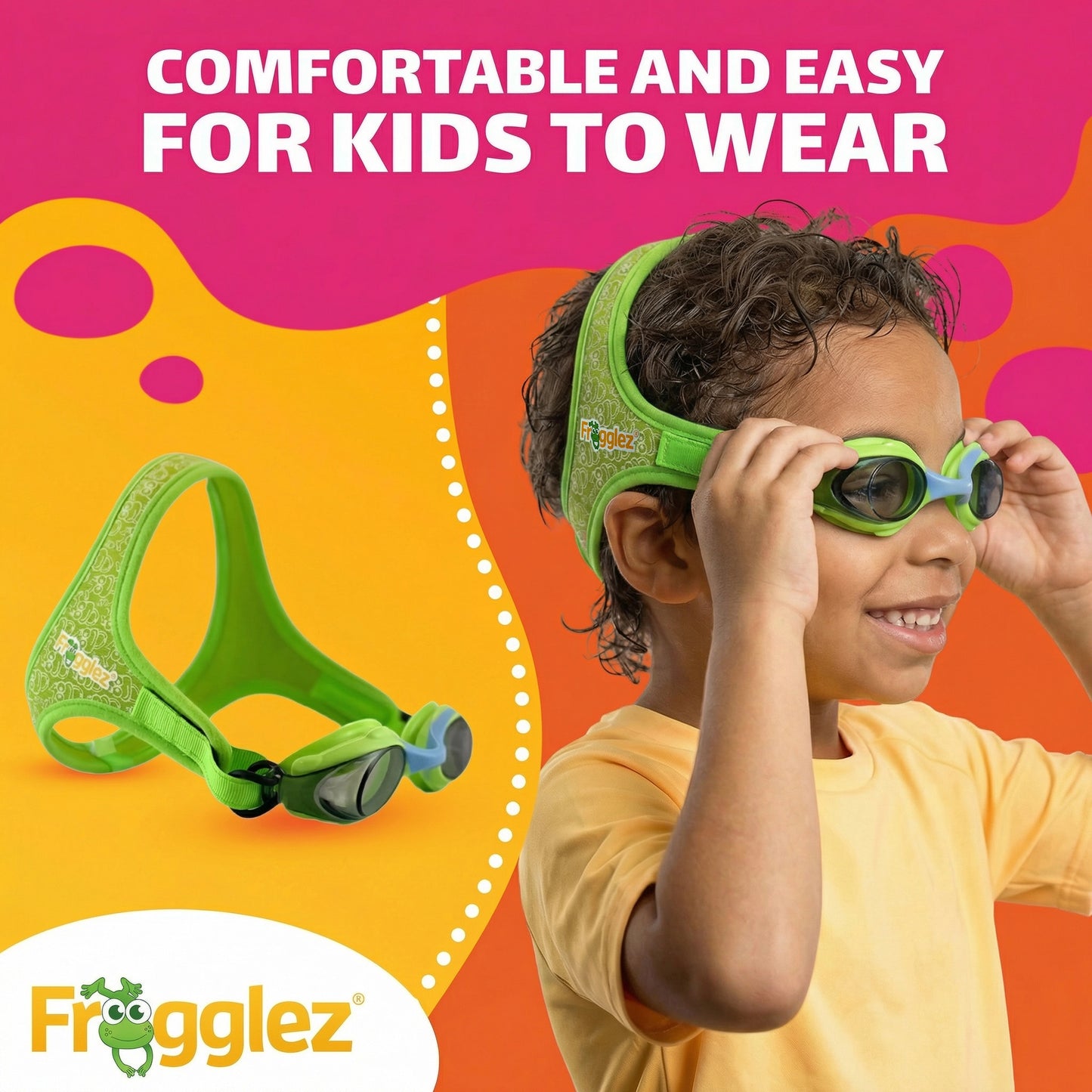 Child wearing Frogglez kids swim goggles with soft strap system for comfortable fit and easy adjustment.