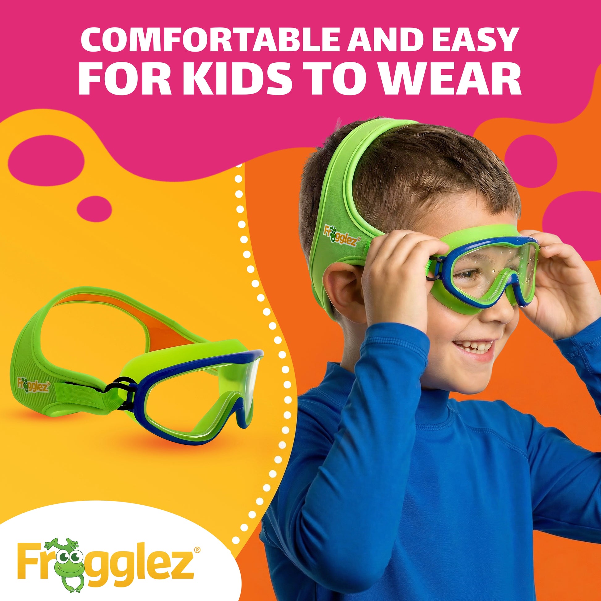 Smiling child wearing Frogglez swim goggles designed for comfort, easy use and frustration-free swimming lessons.