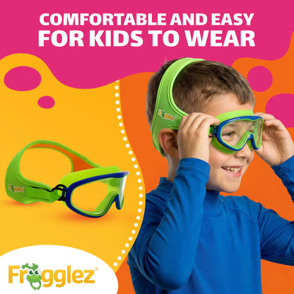 Smiling child wearing Frogglez swim goggles designed for comfort, easy use and frustration-free swimming lessons.