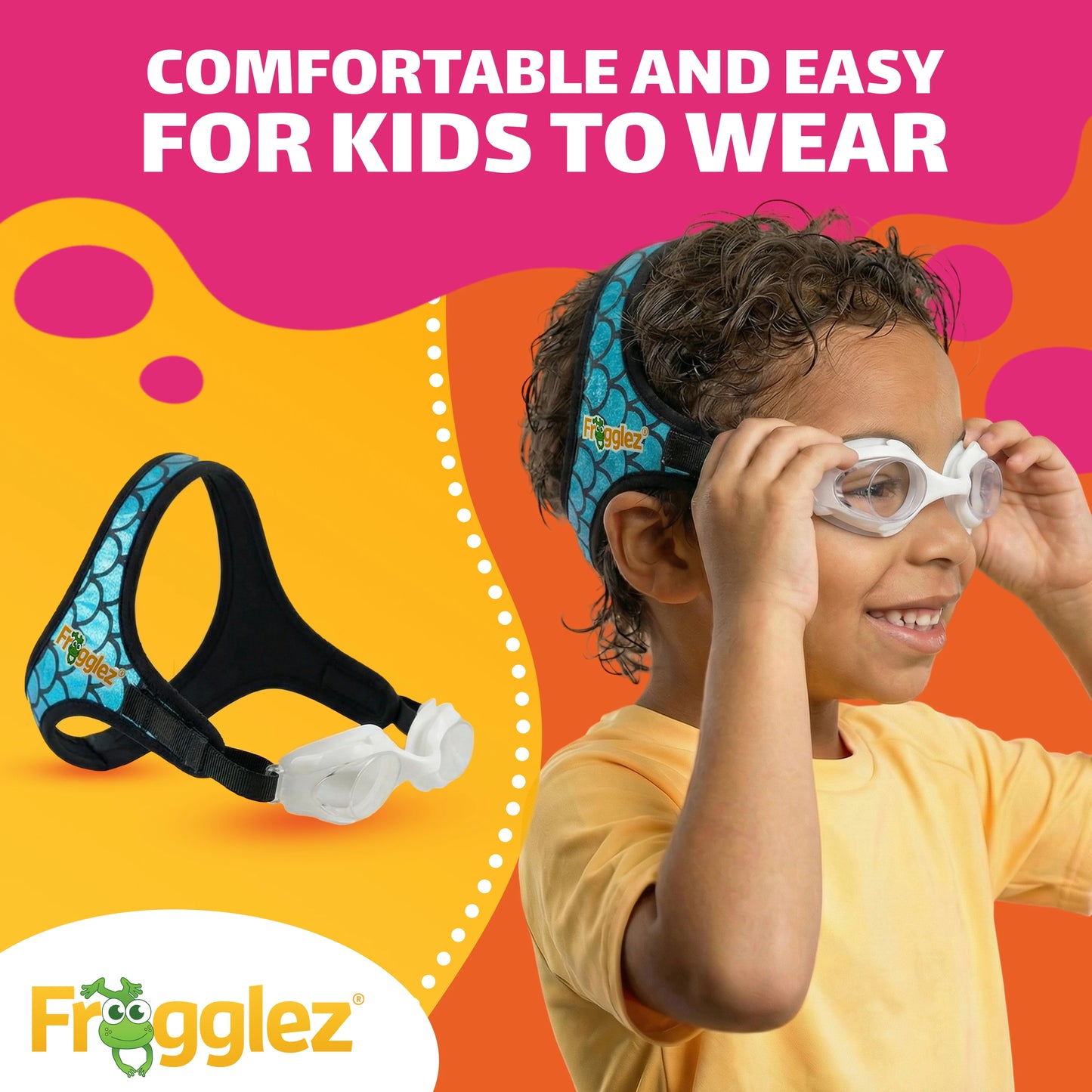 Child wearing Frogglez kids swim goggles with soft strap system for comfortable fit and easy adjustment.