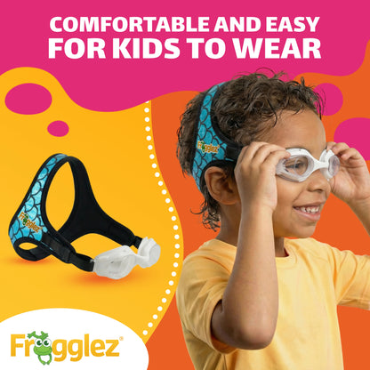 Child wearing Frogglez kids swim goggles with soft strap system for comfortable fit and easy adjustment.