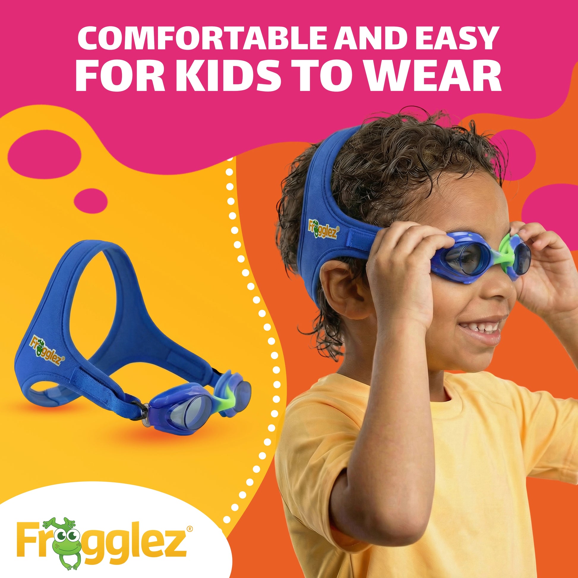 Child wearing Frogglez kids swim goggles with soft strap system for comfortable fit and easy adjustment.