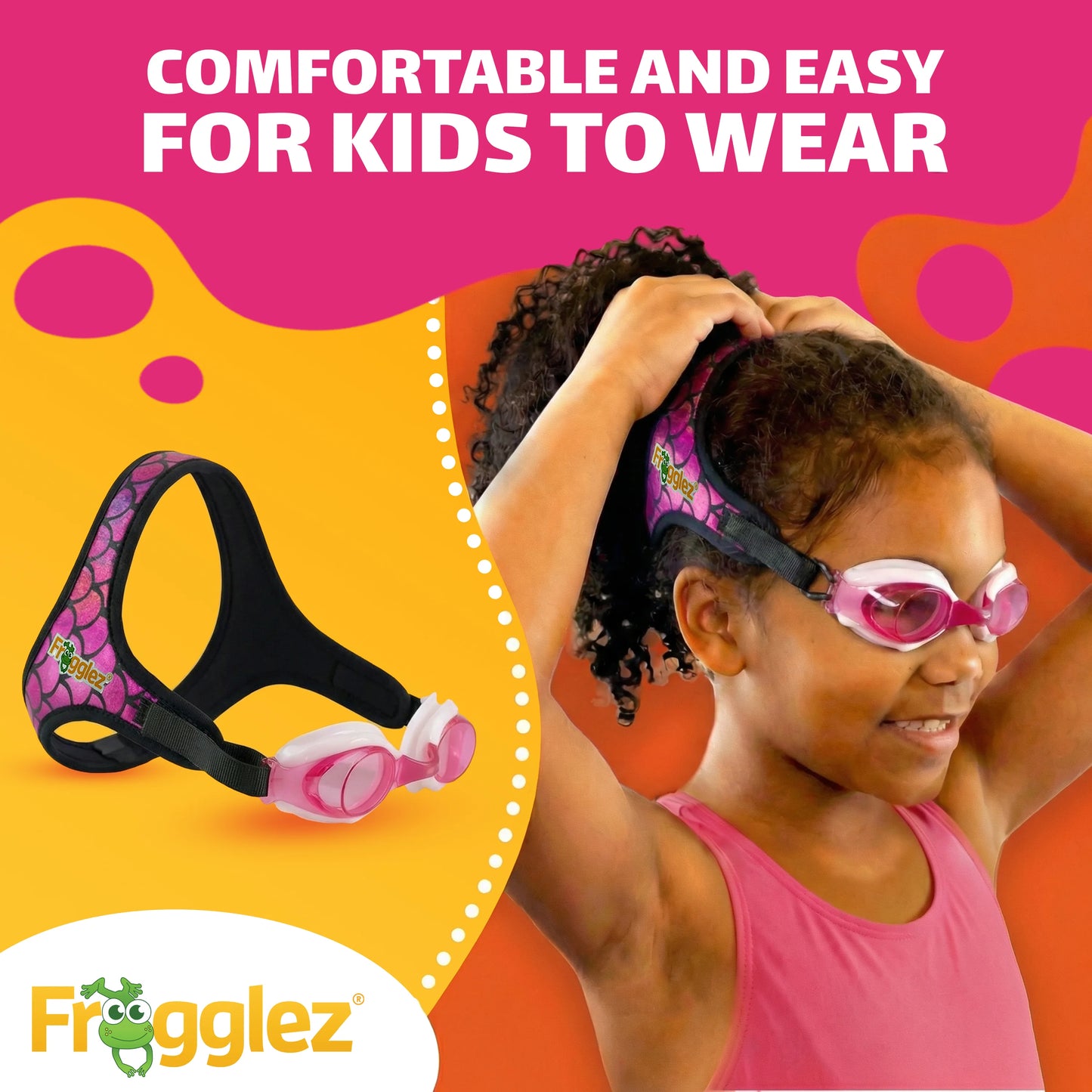 Pink Mermaidz frogglez kids swim goggles traditional. Comfortable and easy for kids to wear