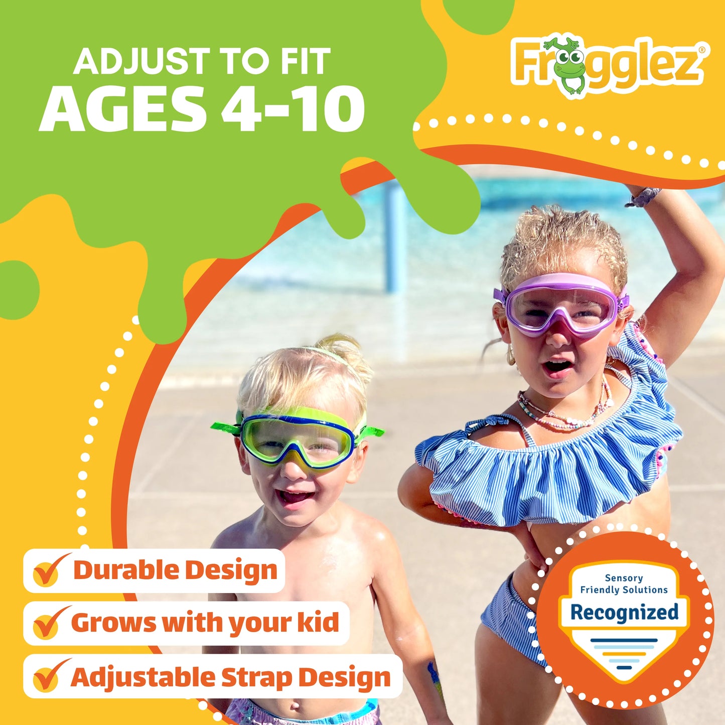 Two children wearing Frogglez kids swim goggles at the pool, adjustable strap design for ages 4–10 with durable construction that grows with your child and sensory-friendly comfort.