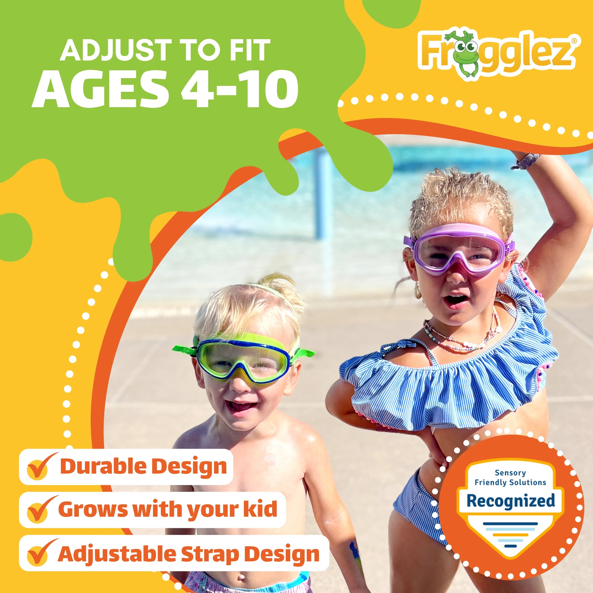 Two children wearing Frogglez kids swim goggles at the pool, adjustable strap design for ages 4–10 with durable construction that grows with your child and sensory-friendly comfort.
