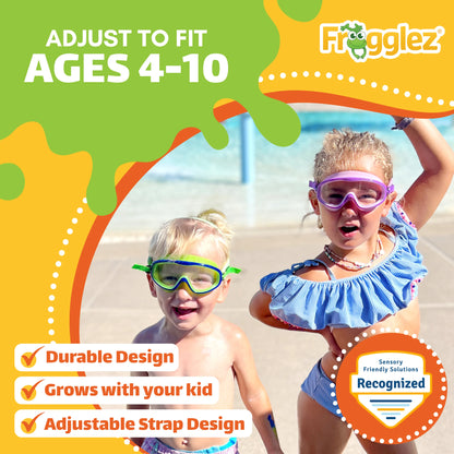 Two children wearing Frogglez kids swim goggles at the pool, adjustable strap design for ages 4–10 with durable construction that grows with your child and sensory-friendly comfort.