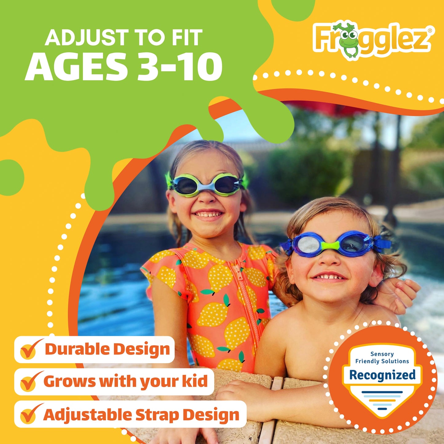 Two children wearing Frogglez kids swim goggles at the pool showing adjustable strap design for ages 3–10 and comfortable fit.