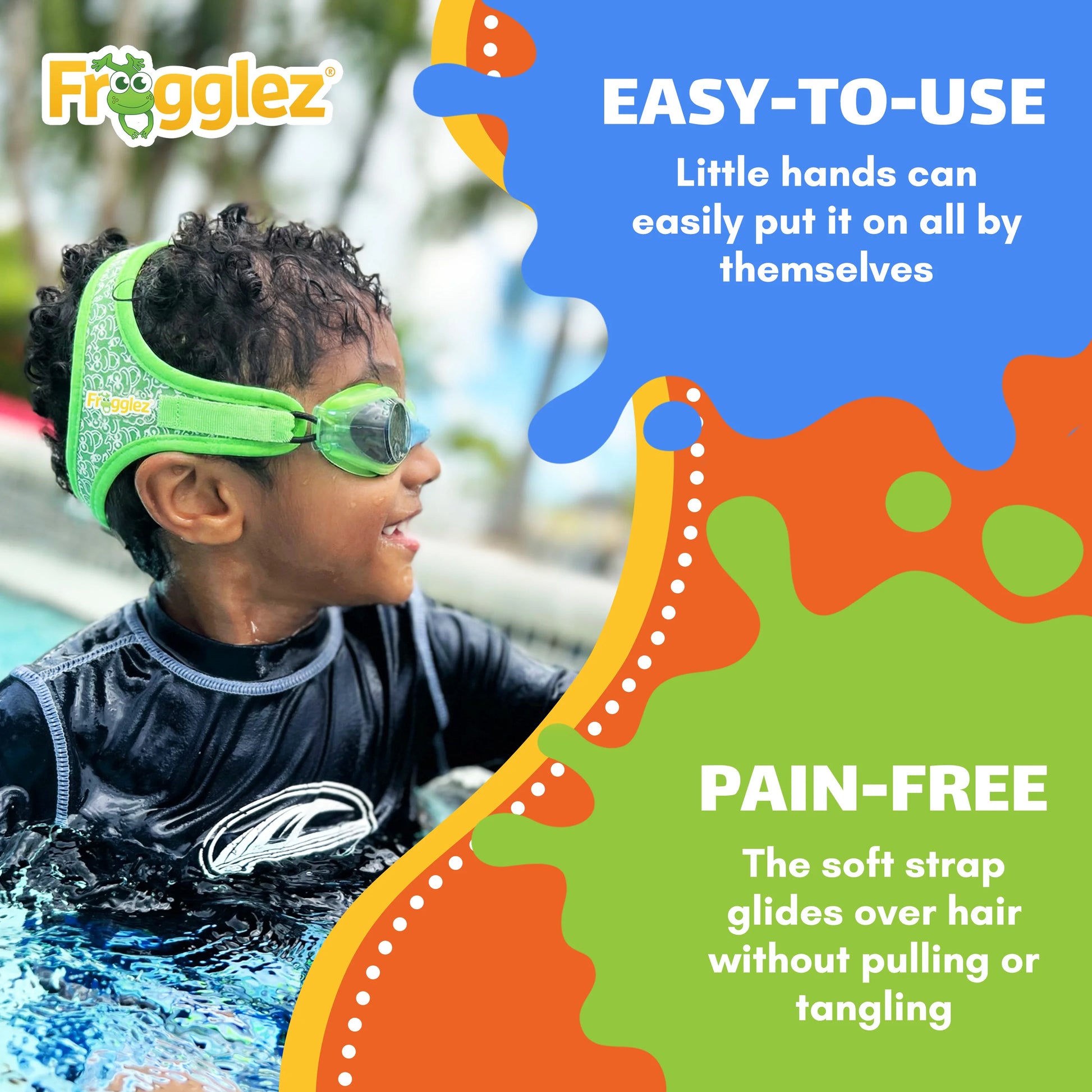 Child wearing Frogglez kids swim goggles with soft strap system for comfortable fit and easy adjustment.