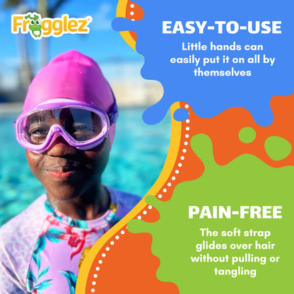 Child wearing Frogglez kids swim goggles and swim cap in a pool, easy-to-use adjustable strap design that glides over hair for a comfortable, pain-free swimming experience.