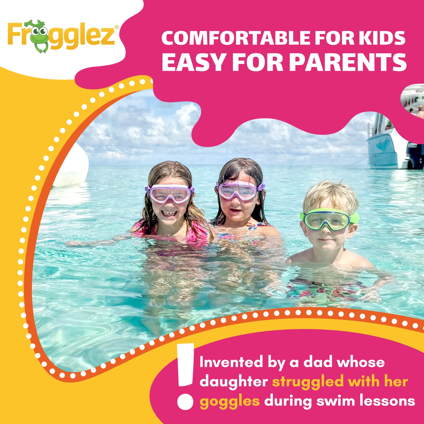 Three children wearing Frogglez kids swim goggles in the ocean, comfortable easy-to-use swim goggles designed to help kids swim confidently and make life easier for parents.