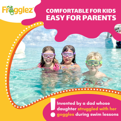Three children wearing Frogglez kids swim goggles in the ocean, comfortable easy-to-use swim goggles designed to help kids swim confidently and make life easier for parents.