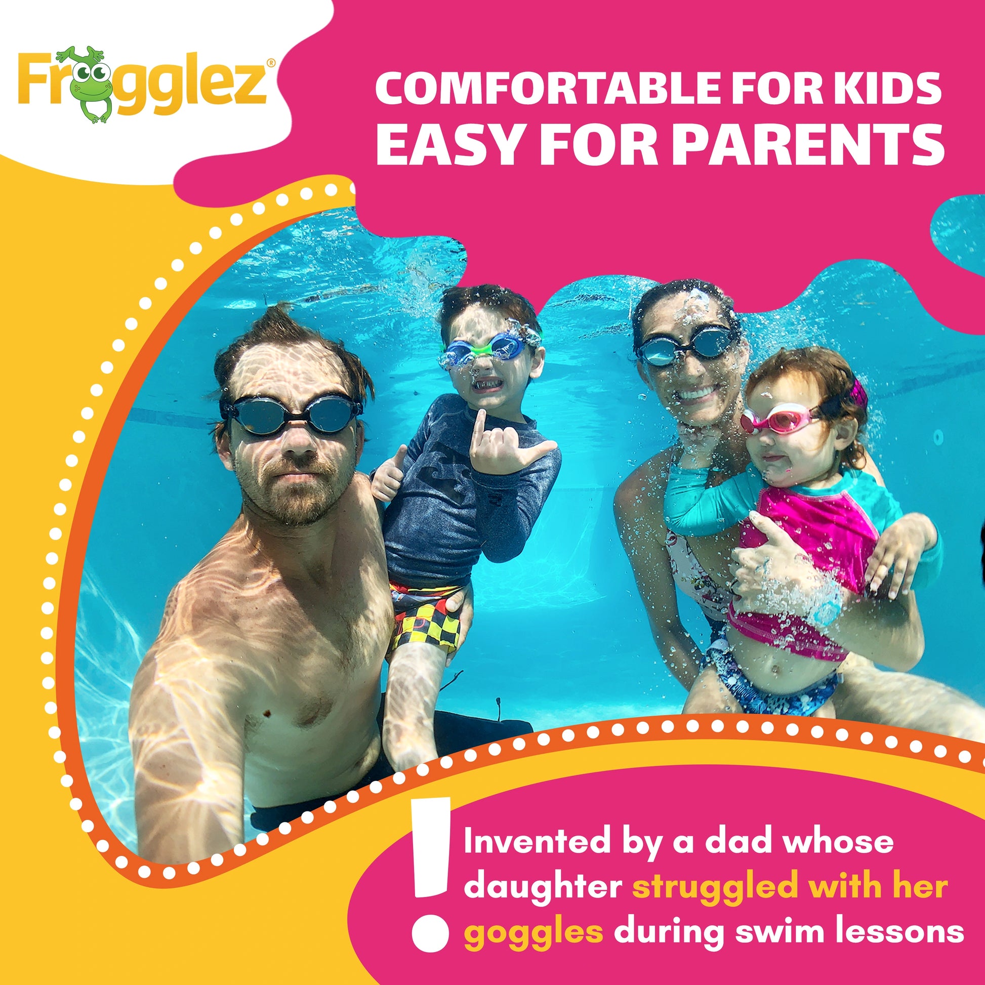 “Family wearing Frogglez kids swim goggles underwater demonstrating comfortable fit and easy-to-use strap design.”