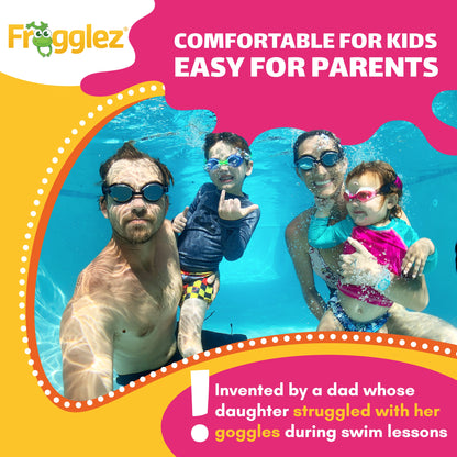 “Family wearing Frogglez kids swim goggles underwater demonstrating comfortable fit and easy-to-use strap design.”