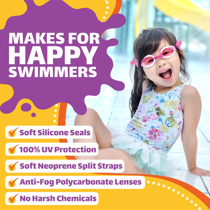 Young girl wearing Frogglez kids swim goggles sitting poolside, featuring soft silicone seals, UV protection, anti-fog lenses, and comfortable neoprene split strap design