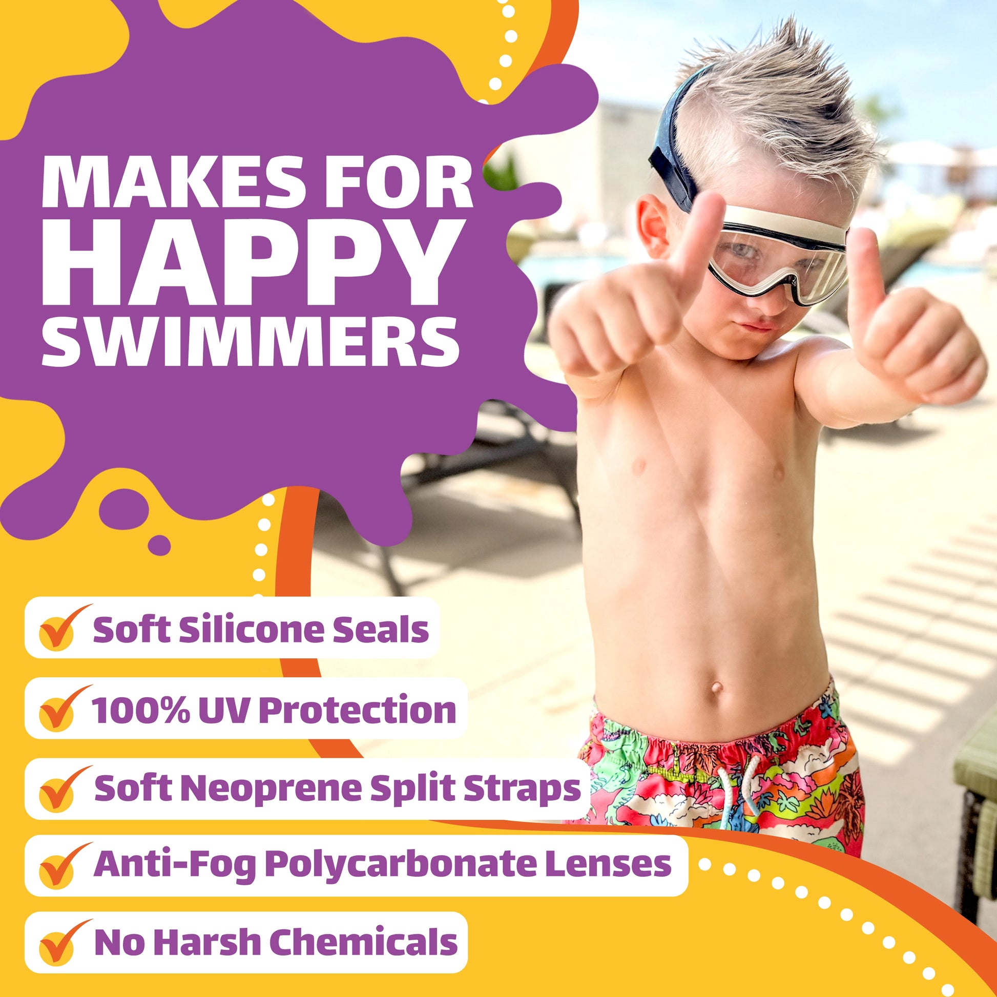 Child wearing Frogglez kids swim goggles giving thumbs up by the pool, featuring soft silicone seals, UV protection, anti-fog lenses and comfortable neoprene strap design.