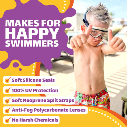 Child wearing Frogglez kids swim goggles giving thumbs up by the pool, featuring soft silicone seals, UV protection, anti-fog lenses and comfortable neoprene strap design.