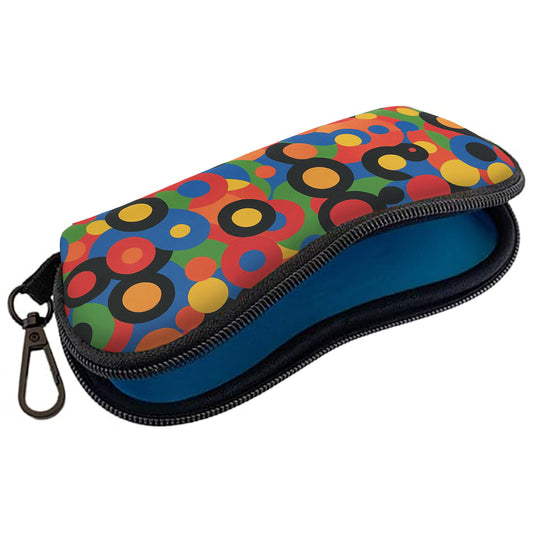 Colorful polka dot case with a black zipper on a white background