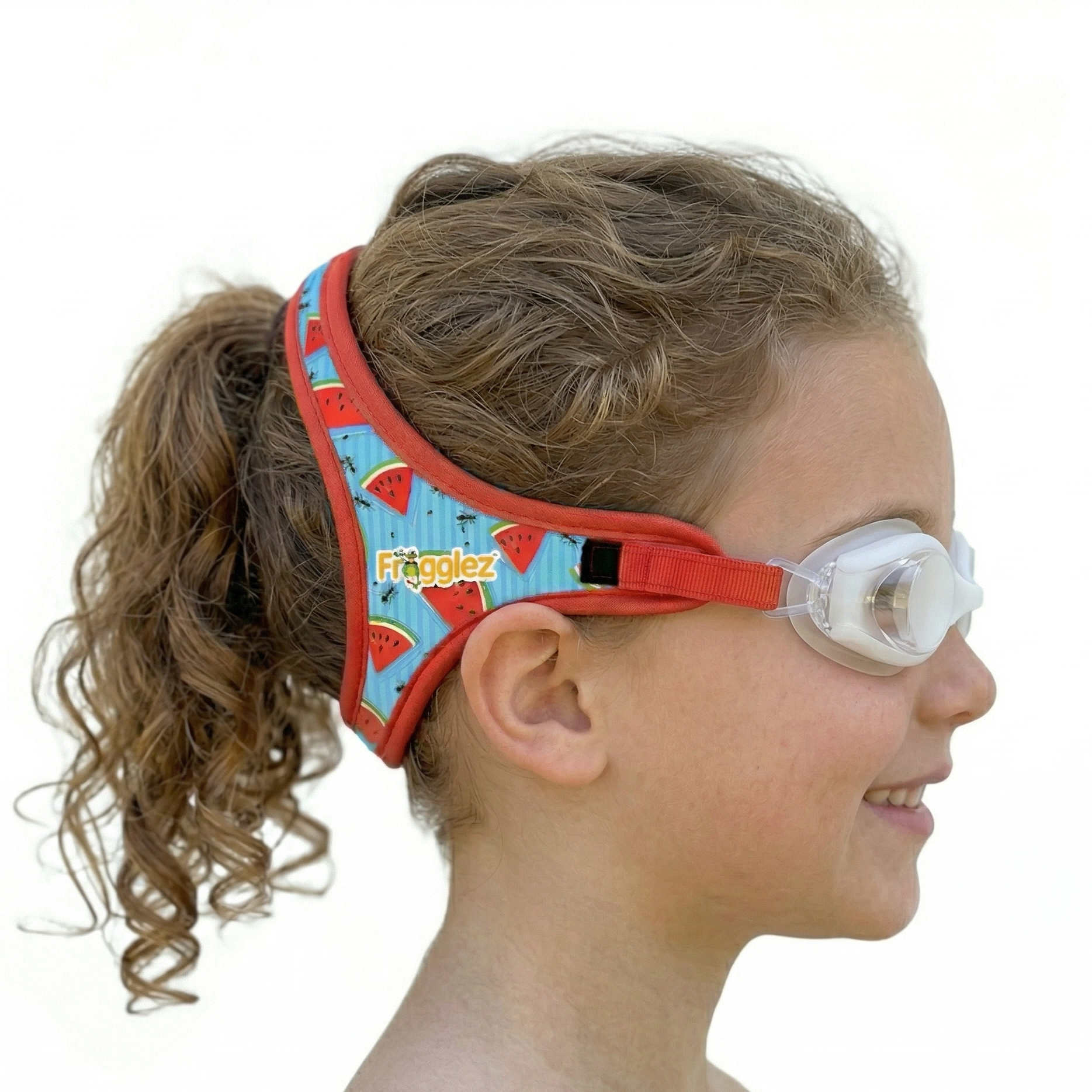 child wearing red refresherz watermelon pattern frogglez traditional swim goggles
