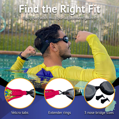 Man wearing swim goggles with text 'Find the Right Fit' and product features displayed.“Frogglez Masterz black swim goggles that stay in place with multiple adjustment points on the sides and nose bridge for secure fit.”