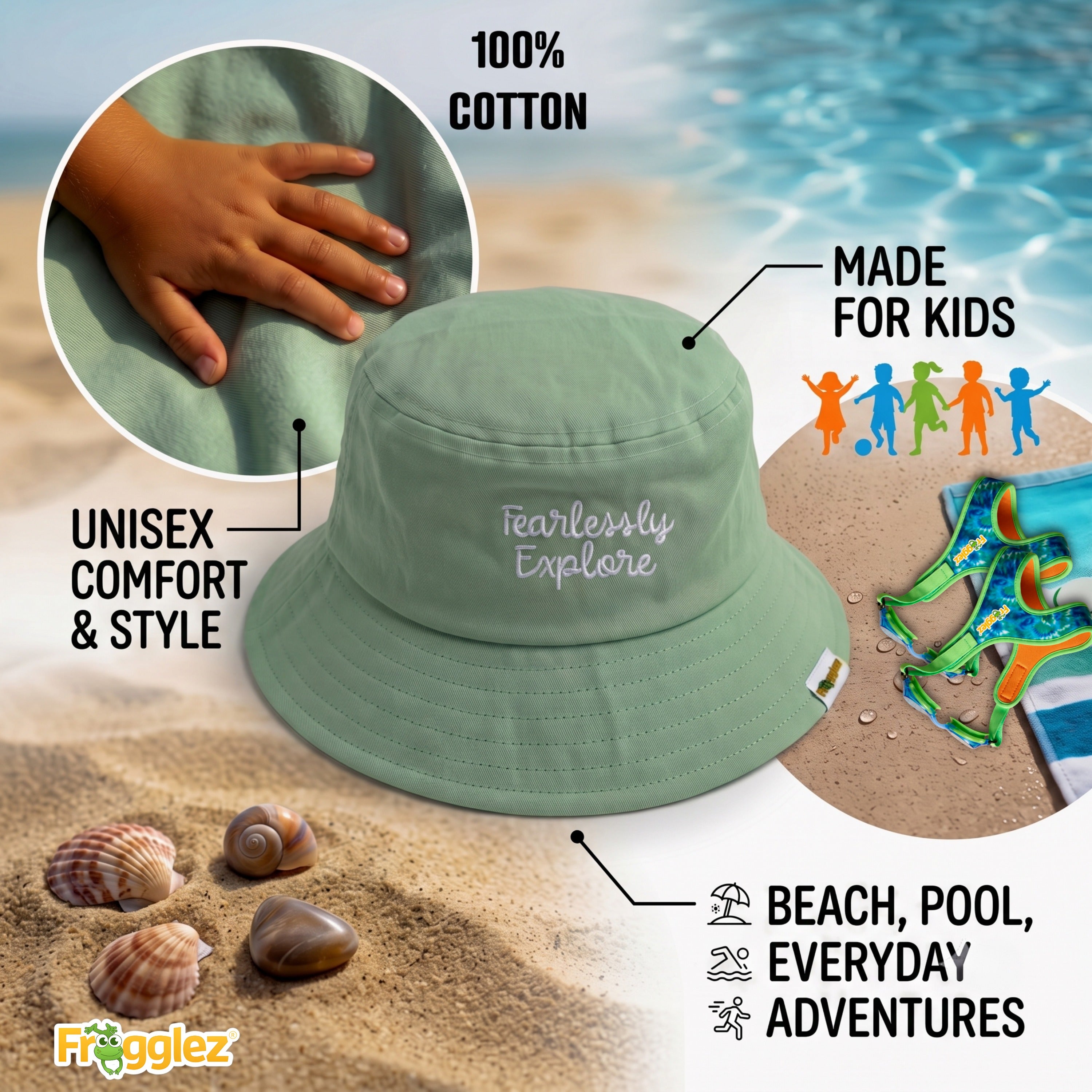 Fearlessly Explore Bucket Hat – Frogglez Swimming Goggles