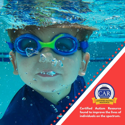 Boy underwater wearing blue swim goggles. Text reads certified autism resource found to improve lives of individuals on the spectrum