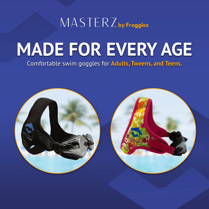 “Frogglez Masterz black or pink swim goggles with multiple adjustment points on the sides and nose bridge, designed to stay secure for competition, open water swimming, and surfing.”