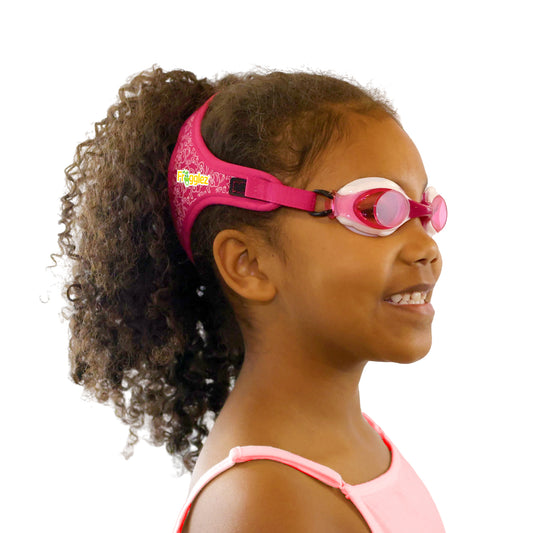 Pink Frogz repeating  patterned swimming goggles on split strap ages 3-10 white background