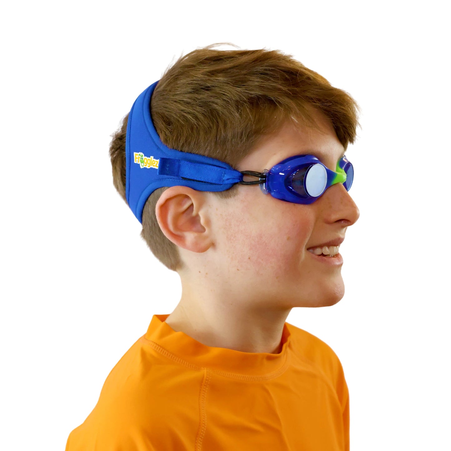 Boy wearing solid blue explorers frogglez swim goggles ages 3-10