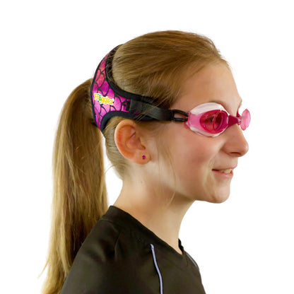 Pink Mermaidz scale pattern patterned swimming goggles on white background