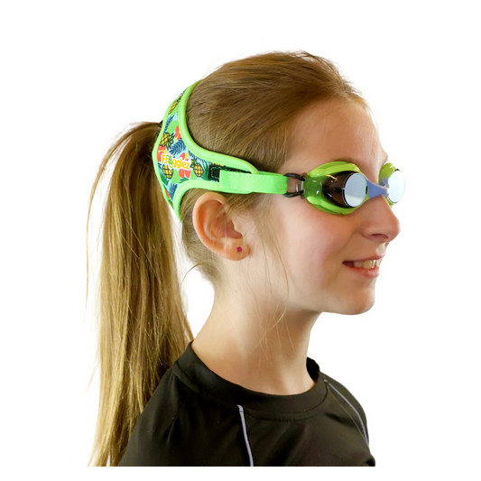Green tropical frogglez swim goggles split strap autism certified resource ages 3-10