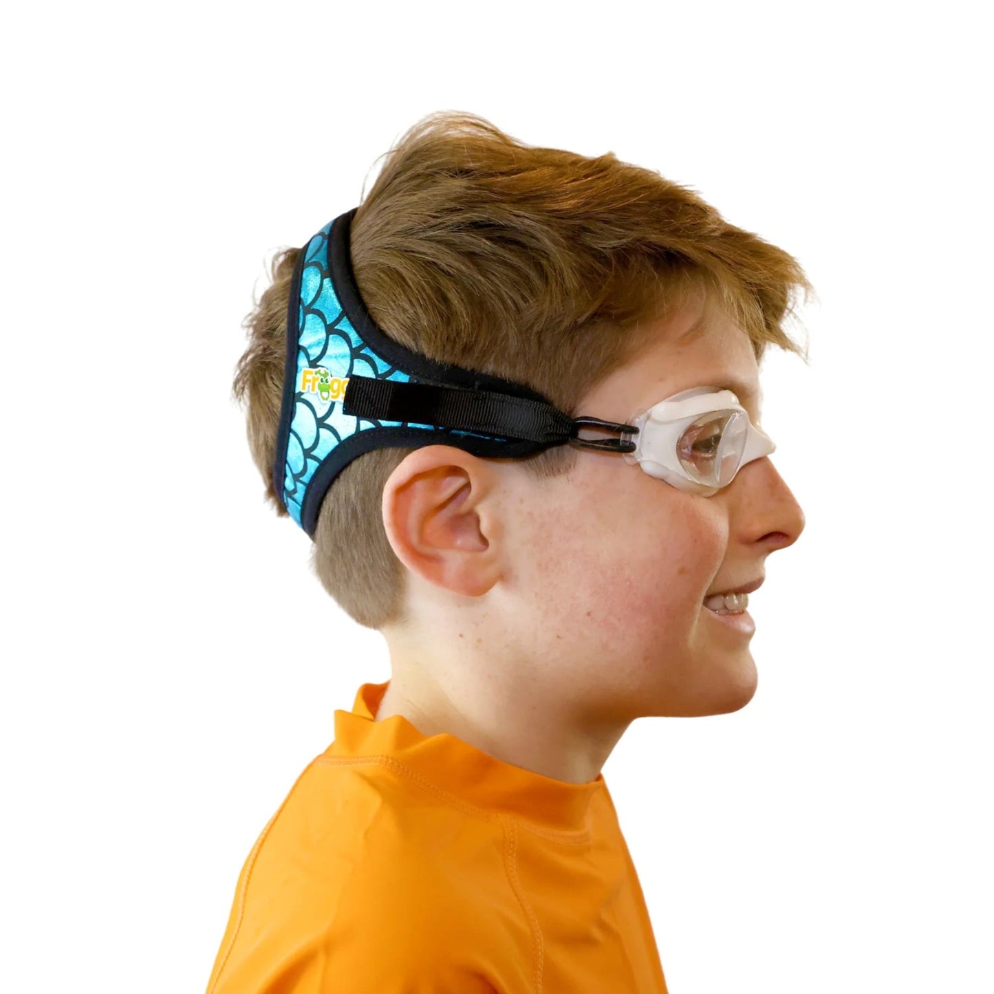 Blue Sharkz pattern patterned swimming goggles on white background