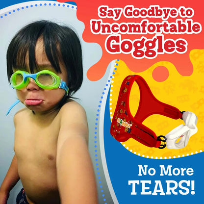 Child wearing green rubber kids swim goggles beside Frogglez soft red strap and ‘Say Goodbye to Uncomfortable Goggles’ message ages 3-10