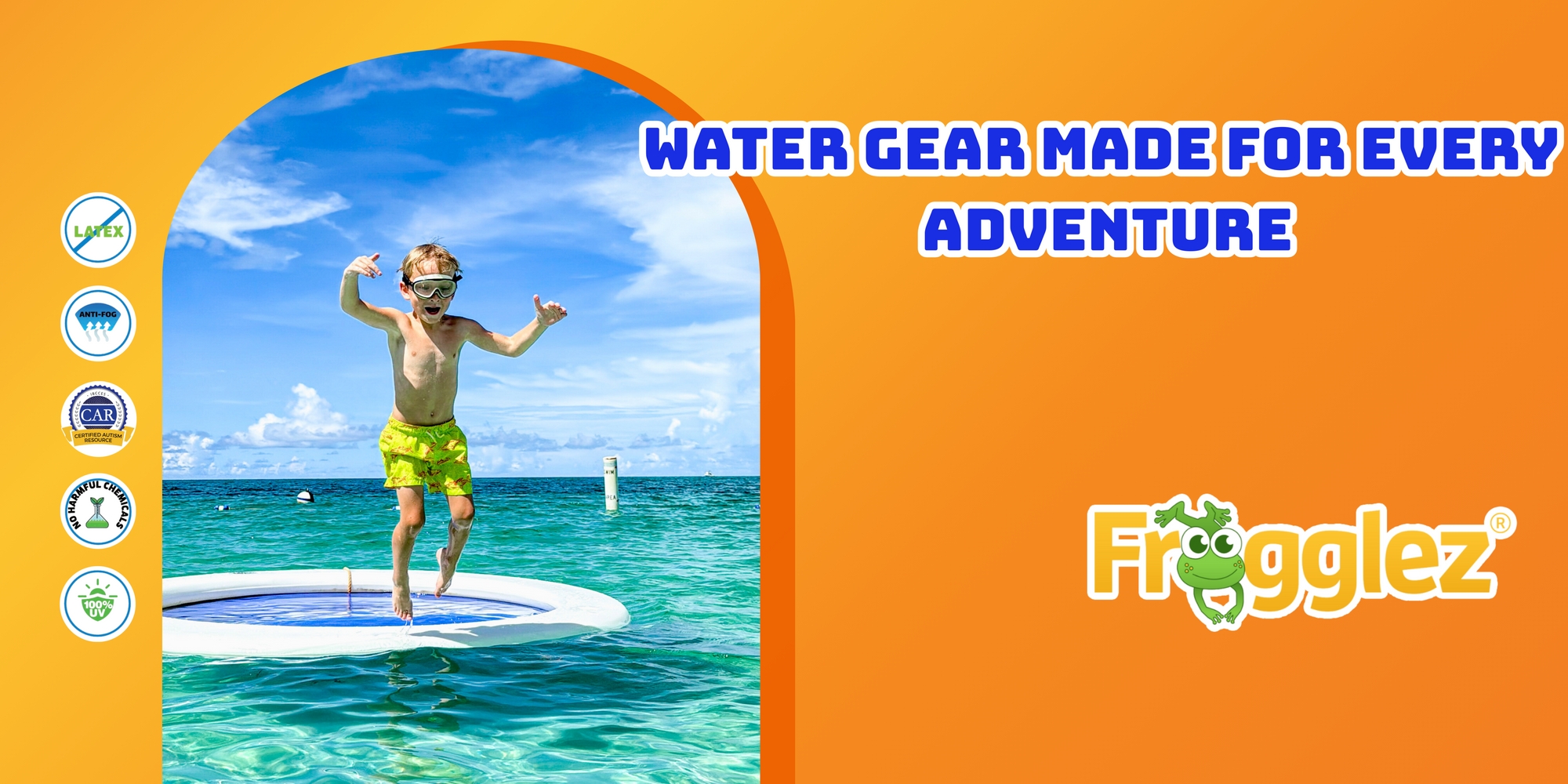 child jumping into water wearing frogglez kids navigatorz half mask. Water gear made for every adventure. no latex, anti-fog protection, Certified autism resource, no harsh chemicals, 100% UV protected